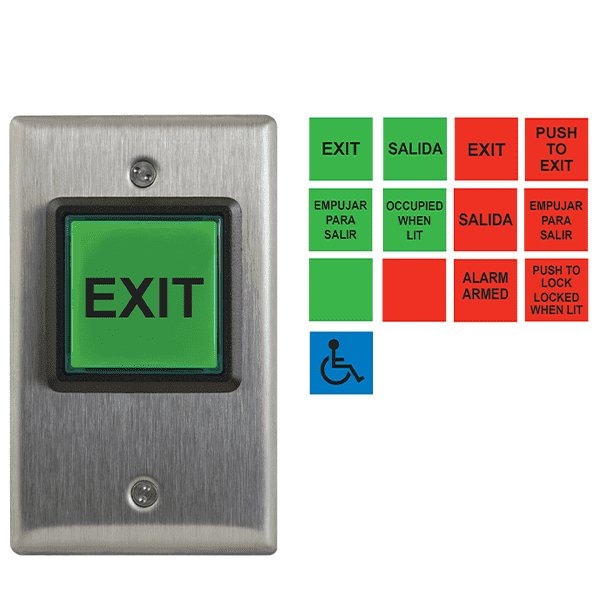 Camden:  LED illuminated exit switch English and Spanish insert labels, 12V - 28V LED Illuminated